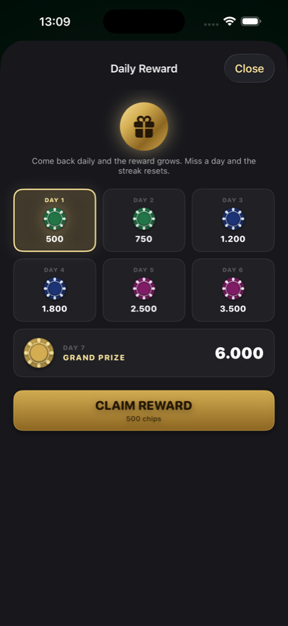 Seven-day daily reward streak screen